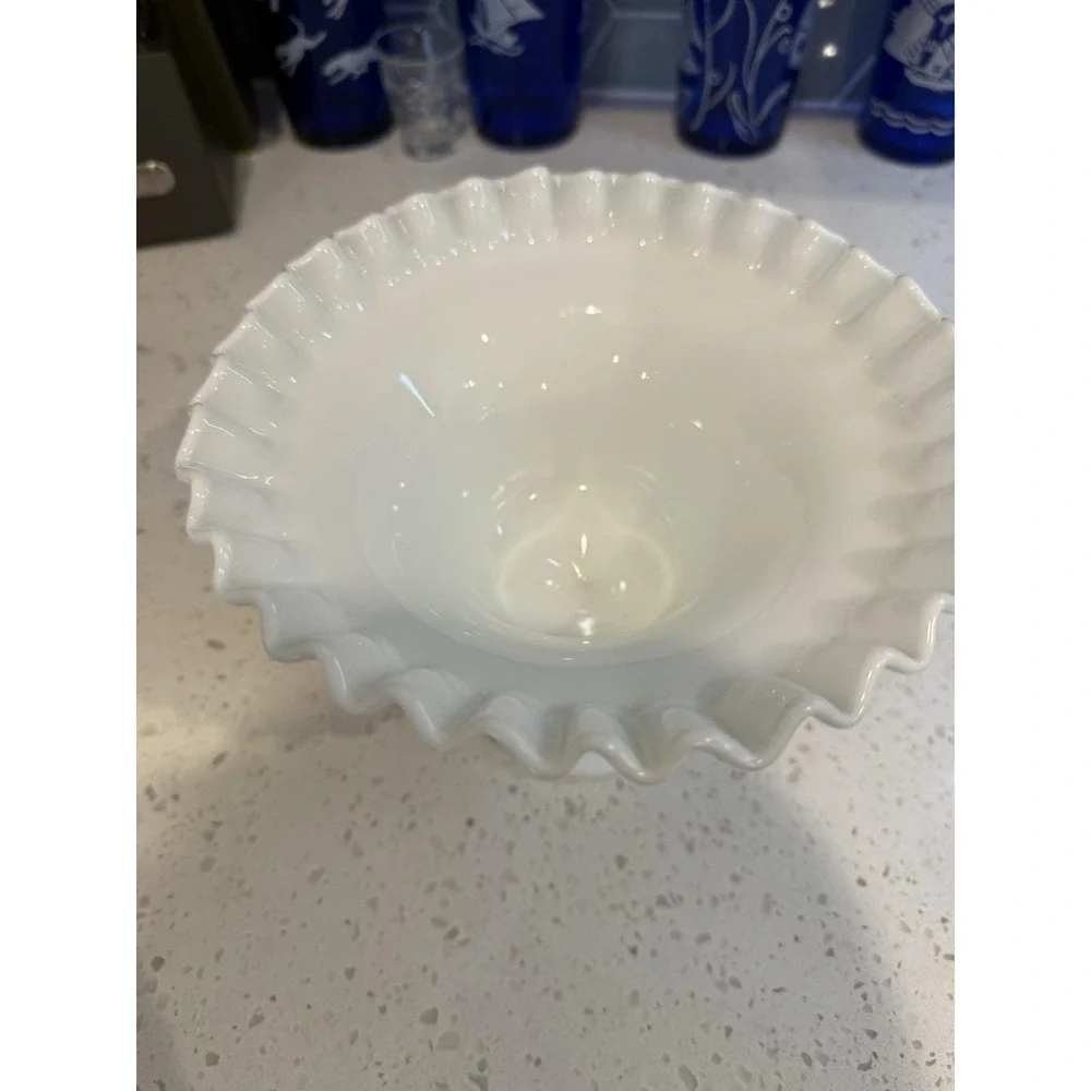 Westmoreland Paneled Grape Milk Glass Footed Compote Bowl Ruffled Mid Century